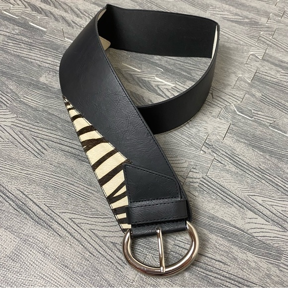 Chico’s Black Leather Zebra Print Calf Hair Belt - Picture 1 of 14